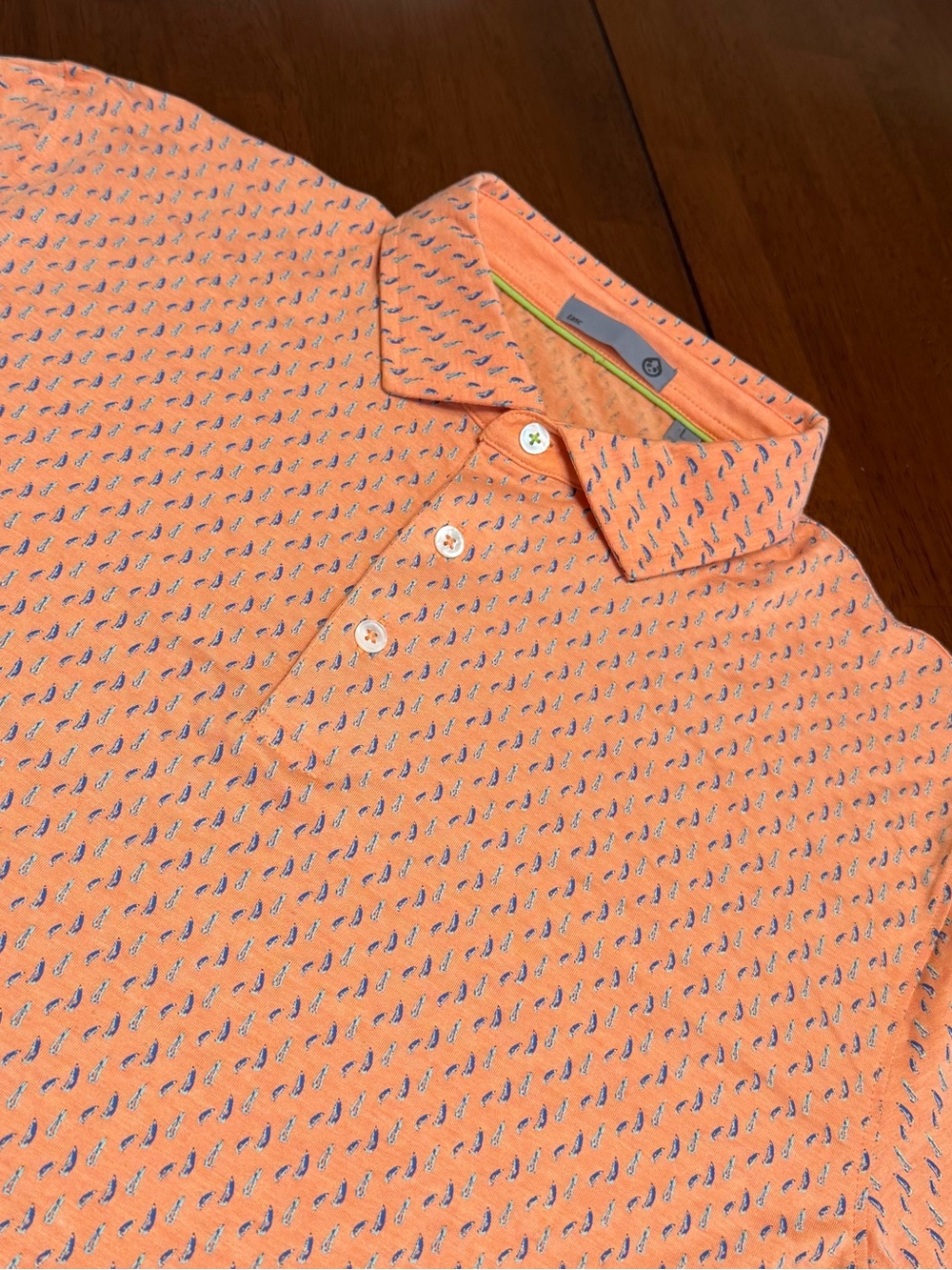 Tasc Cloud Performance Polo Shirt Mens L Orange AOP Geometric Performance Short